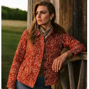 Serengeti Western Trucker Shacket Womens Size L Red Paisley Floral Light Cotton